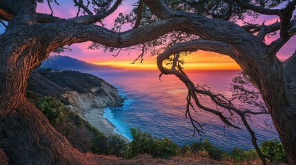 Sunset view over the ocean with trees framing the scene along the coastline in California