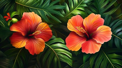Naklejka premium Bright orange hibiscus flowers surrounded by green leaves in a tropical setting during daytime