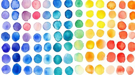 Colorful watercolor circles arranged in a gradient pattern on a white background showcasing various hues and tones