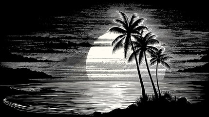 Black and white tropical night scene illustration with silhouetted palm trees, full moon over ocean waves, retro island landscape