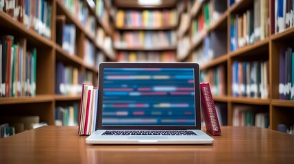 Laptop on table in library with books on either side during daytime