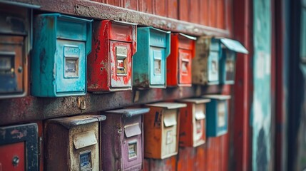 Collection of colorful mailboxes attached to a wooden wall in a rural area during daytime