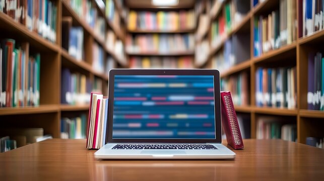 Laptop on table in library with books on either side during daytime - Powered by Adobe