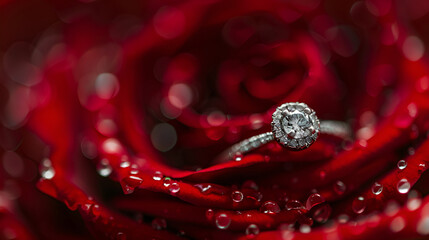 Diamond ring on red rose petals with water droplets