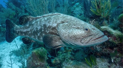 Naklejka premium Grouper: Reef Habitat Ecology, Commercial Fishery Value and Conservation Priorities – A Compact Overview of Marine Predator Biology and Coastal Ecosystem Roles