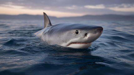 Fototapeta premium A great white shark with piercing eyes surfaces from the ocean at twilight fin breaking water