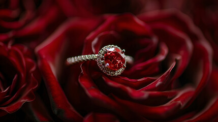 Elegant ruby ring on red roses for Valentine's Day proposal