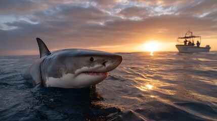 Great white shark cruises ocean waters at sunset boat observes from distance