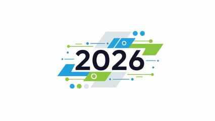 Abstract digital 2026 year design featuring dynamic geometric shapes and lines, symbolizing technological progress and future innovation in a modern context for upcoming trends