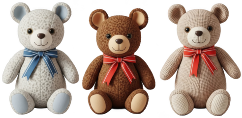 Three charming, plush teddy bears, each crafted from a distinct textured fabric—a speckled white with light blue accents, a warm brown with subtle leopard print,, isolated on transparent background.