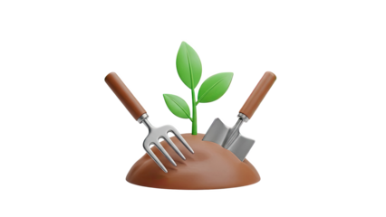 3D Gardening tools with a plant sprout on transparent background