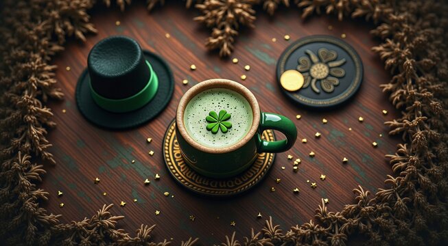 St. patrick's day latte with shamrock topping and festive decorations on wooden table