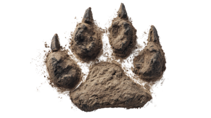 Animal paw print made of mud, dirt, and earth powder, wild canine footprint, transparent background