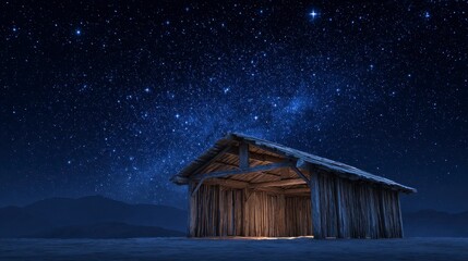 A rustic wooden structure, lit from within, sits beneath a deep blue, starry night sky. Distant mountains frame the scene
