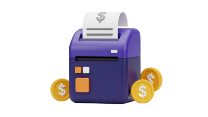 3D Illustration of a Receipt Printer with Dollar Coins on transparent background