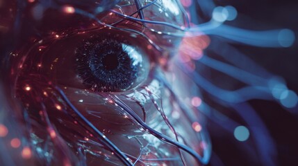 A close-up, surreal eye gazing outward. Strands of blue and red light emanate from the eye socket, creating a glowing, digital effect