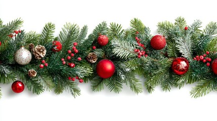 Festive garland of evergreen boughs adorned with red ornaments, berries, and frosted elements, perfect for holiday decoration