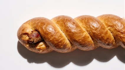 Close-up of a golden-brown baked loaf with a twisted shape and partially revealed filling