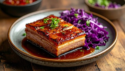 A gourmet pork belly dish with crispy golden skin and tender layered meat, plated beside vibrant purple cabbage slaw, rich sauce pooling on a ceramic plate, soft restaurant lighting, high-detail food.
