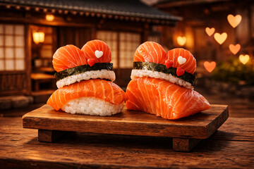 Romantic Salmon Sushi Hearts On Wooden Tray With Warm Japanese Night Background