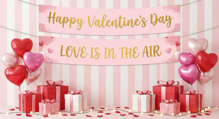 Valentine's Day Banner Collection with 3D Gift Boxes, Heart Balloons, and Festive Decorations on Pink and White Backgrounds