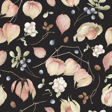 Hand-painted watercolor floral seamless pattern created in Procreate. Delicate botanical illustration featuring Physalis on Deep Graphite background. Soft natural textures, artistic 