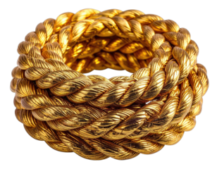 A close-up studio shot of a thick, intricately braided golden object, isolated on a black background