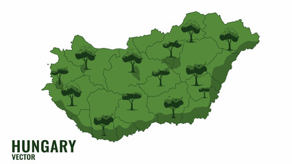 Hungary's verdant landscape map featuring stylized trees symbolizing national environmental