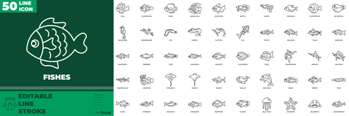 Fishes Line Editable Icons set