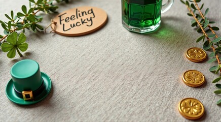 Green hat and coins for st patrick's day celebration with shamrocks and lucky sign