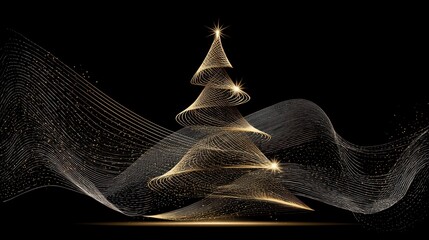 A stylized golden Christmas tree composed of curving lines and glittering particles, set against a dark background with flowing, wave-like wisps