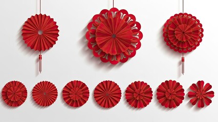 Elegant collection of handcrafted red paper fan decorations, intricate folded ornaments, and festive hanging lanterns, perfect for cultural celebrations and holiday decor