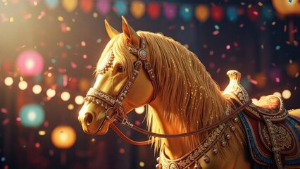 Golden Carousel Horse Adorned with Ornate Decorations, Illuminated by Soft Bokeh Lights and Confetti