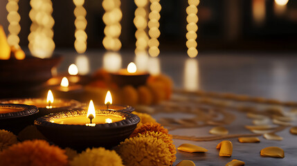 Celebrating tradition, the soft glow of oil lamps and strings of decorative lights create a warm, festive ambiance. This is an invitation to embrace cultural richness.