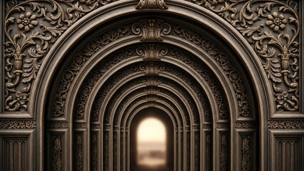 Elegant Corridor of Intricate Ornate Arches Extending into Depth, Bathed in Soft Light at the End, Evoking a Sense of Grandeur and Serene Journey