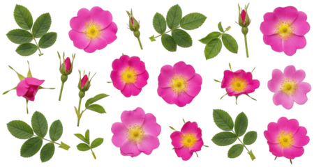 Vibrant, fully bloomed and partially budding pink wild rose flowers with lush green foliage, meticulously arranged in a patterned layout against a transparent, isolated on transparent background.