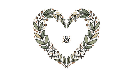 Elegant heart shaped wreath of green and brown leaves with ampersand symbol on isolated white background