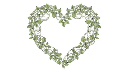 Rustic Heart Shaped Wreath made of Green Vines and Leaves, isolated white background.