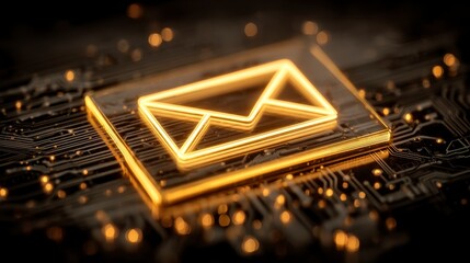 Illuminated email envelope icon glowing on a circuit board, representing digital communication and electronic messaging