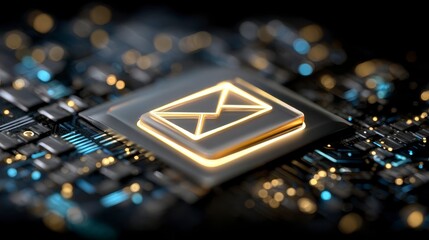 Close-up view of a circuit board highlighting a glowing email icon, representing electronic communication and digital data processing