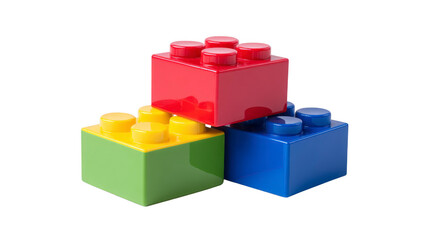 Fototapeta premium Colorful plastic building blocks stacked together, featuring red, yellow, green, and blue pieces, isolated on transparency background, evoking creativity and playful childhood fun
