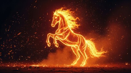 Majestic Fiery Horse Rearing Up in a Blaze of Orange and Yellow Flames with Sparks Flying