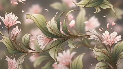 Ethereal Botanical Swirls A Dreamlike Illustration of Delicate Pink Flowers and Verdant Vines, Flowing Gracefully in a Soft, Artistic, and Serene Composition