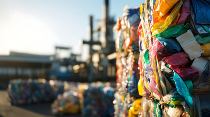 A vivid mountain of compressed colorful plastic bags at a recycling plant, embodying reuse and environmental sustainability. Represents global efforts towards waste management.