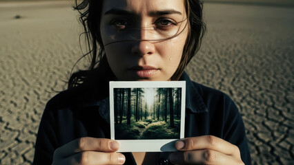 Woman holding forest photo in dry cracked desert climate concept