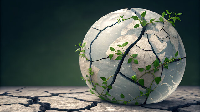A cracked crystal globe where green vines grow through the fracture, turning damage into renewal&mdash;transition from extractive to regenerative economy.