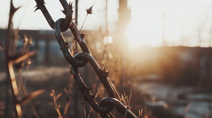 Close up of a rusted and broken metal security chain with sunlight and bokeh in the background