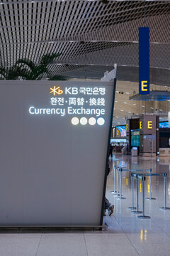 December 27, 2025, Incheon, South Korea - A KB Kookmin Bank currency exchange booth inside Incheon International Airport Terminal 2.