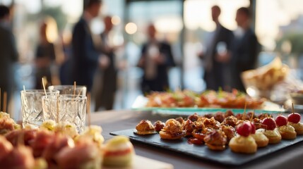 A table displays an assortment of appetizers and glasses in the foreground, with blurred figures in business attire conversing in background