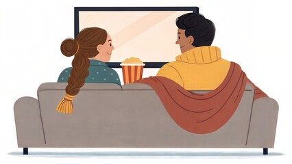 Couple Watching Movie Together at Home Illustration
